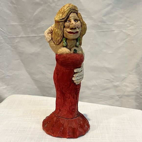 Hand Carved Painted Wood Sculpture Of Risqué Woman. 12 Inches Tall